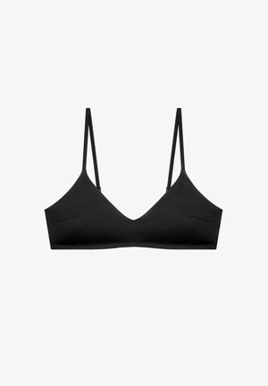 Soutien-gorge noir avec fines bretelles réglables et encolure en V, fabriqué en tissu lisse et extensible.
