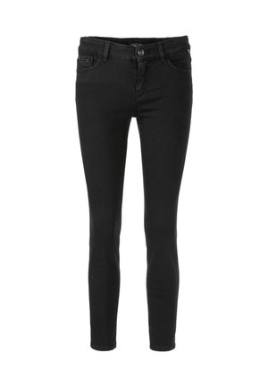 Schwarze, schmale Jeans aus Denim mit mittelhoher Taille, vorderen Taschen und einem normalen Knopf- und Reißverschluss. Sauberes, einfaches Design.