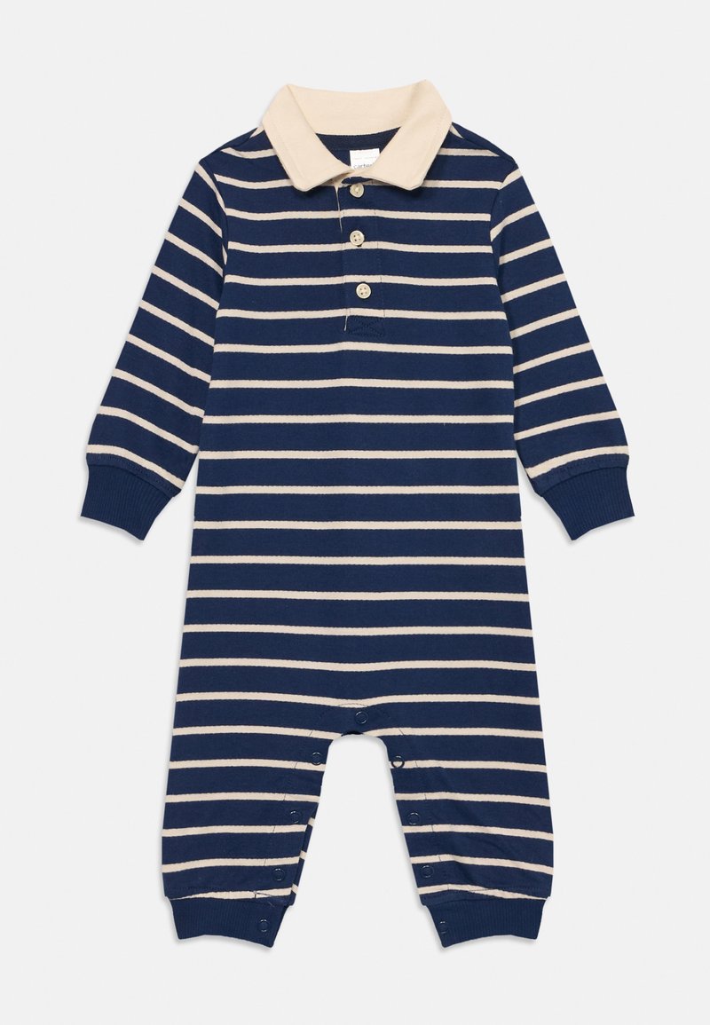 Romper pour bébé à manches longues rayé bleu marine et beige avec un col beige, patte de boutonnage, fermetures à pression au niveau des jambes et bords côtelés.