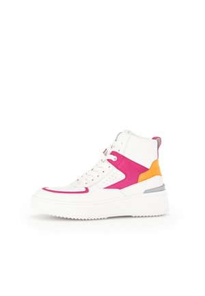 High-top sneaker made of white leather with pink and orange suede accents. Features a thick white sole and perforated detailing on sides.