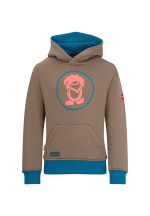 Brauner Hoodie mit blauer Fütterung, Ärmelbündchen und Saum, der auf der Brust eine pinkfarbene Cartoonfigur in einem blauen Kreis zeigt sowie eine vordere Känguru-Tasche hat.
