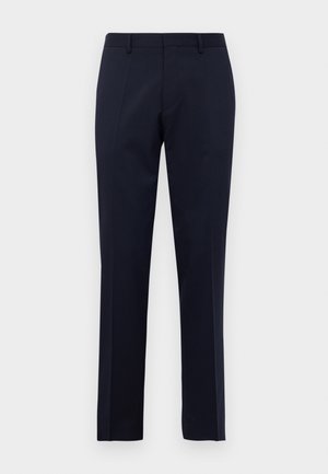 Marineblaue Slim-Fit-Anzughose mit Gürtelschlaufen und gepressten Vorderfalten, vor einem schlichten weißen Hintergrund präsentiert.