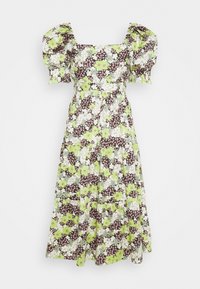 Květinové midi šaty s vykasanými krátkými rukávy, čtvercovým výstřihem a řaseným pasem v zeleném, bílém, růžovém a hnědém vzoru.