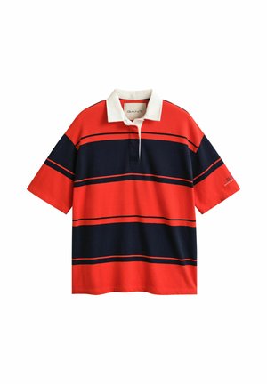 Kurzärmeliges Rugbyshirt mit roten und marineblauen horizontalen Streifen und weißem Kragen, mit kleinem Logo auf dem linken Ärmel.