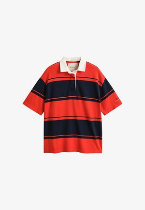 Short-sleeve rugby shirt with red and navy horizontal stripes and a white collar, featuring a small logo on the left sleeve.