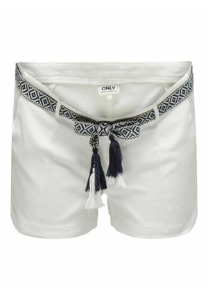 Baltie šorti ar rakstainu tumši zilu un krēmkrāsas jostu ar pušķiem. Izgatavoti no mīksta auduma, ar sānu kabatām.