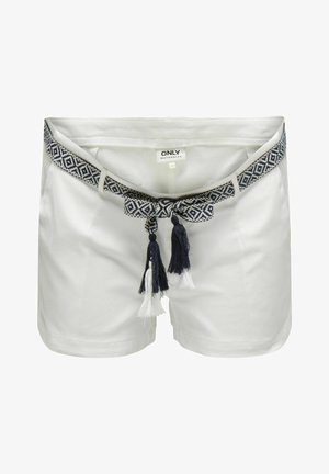 Weiße Shorts mit einem gemusterten, marineblauen und cremefarbenen Krawattengürtel, der mit Quasten versehen ist. Hergestellt aus weichem Stoff und mit seitlichen Taschen.