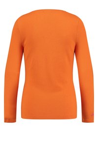 Langarmhemd in leuchtendem Orange. Verfügt über einen runden Ausschnitt und eine glatte Textur. Der linke Ärmel hat dezente pinke Logo-Details.