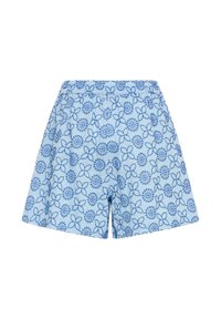 Shorts bleu clair à taille élastique avec un motif floral et circulaire bleu foncé répété, conçu pour une tenue décontractée.