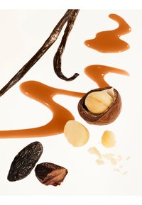 Gousses de vanille, noix de macadamia et gouttes de sauce caramel brun disposées sur un fond blanc.