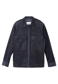 Dunkelgraue Cordjacke mit durchgehendem Reißverschluss vorne, zwei Brusttaschen und Stehkragen. Der Stoff hat eine vertikal gerippte Textur. Calvin Klein Logo vorhanden.