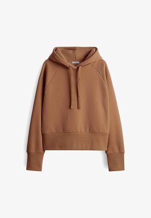 Brown pullover hoodie with a front drawstring, long sleeves, ribbed cuffs, and a ribbed hem, displayed on a white background.