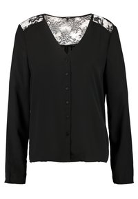 Blusa nera a maniche lunghe con scollo a V e chiusura con bottoni. Dettagli in pizzo sulle spalle, tessuto morbido e leggero lucido. Design classico.