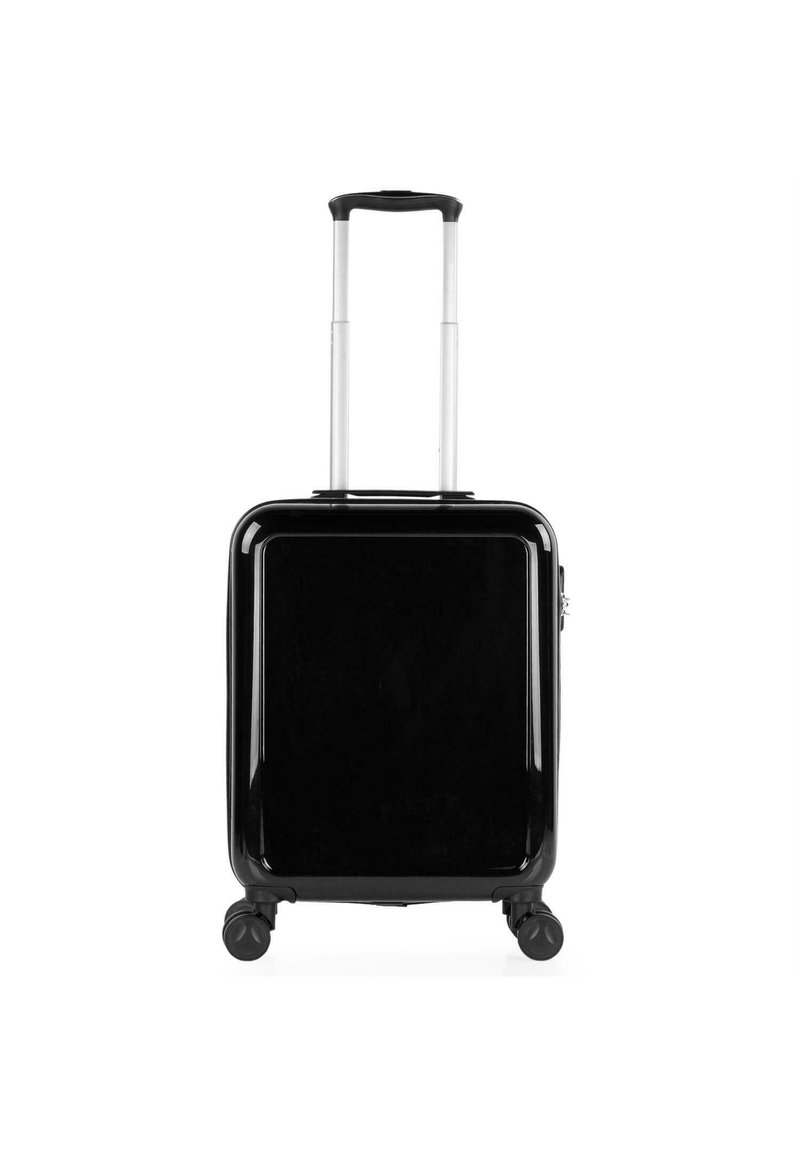 Maleta rígida negra con acabado brillante, asa extensible plateada, cuatro ruedas giratorias y un zipper lateral para un cierre seguro.