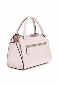 Sac à main en cuir rose avec une forme structurée, des bords noirs, des poignées supérieures et une poche zippée à l'avant. Texture lisse avec des accents en métal.