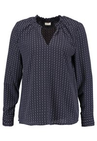 Navy long-sleeve blouse featuring a textured round neckline, a keyhole cutout, and a circular pattern in white throughout.