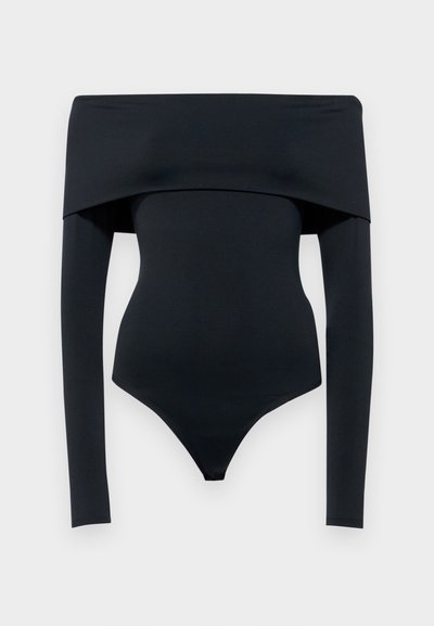 Schwarzer schulterfreier Body mit langen Ärmeln, aus glattem Stretchmaterial gefertigt; verfügt über einen Tanga-Schnitt am Boden und minimale Nähte.