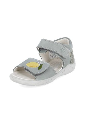 Szara dziecięca sandał z dwoma regulowanymi paskami, haftem cytryny na przednim pasku i wyściełaną białą podeszwą.