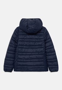 Navy blue puffer jacket with a hood, featuring a quilted design and elastic cuffs. The jacket is smooth in texture and lightweight.