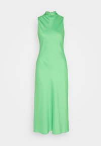 Zielona sukienka bez rękawów z gładkiej, elastycznej tkaniny. Wysoki dekolt, dopasowany top oraz rozkloszowana spódnica o długości do połowy łydki z subtelnym połyskiem.