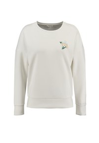 Ljus krämfärgad sweatshirt med en avslappnad passform, rund halsringning och broderad blommönster på vänster br öst. Slät textur och resårkantade ärmar.