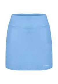 Falda atlética de color azul claro, hecha de material elástico, con una cinturilla ancha y un logo en blanco en la esquina inferior derecha.