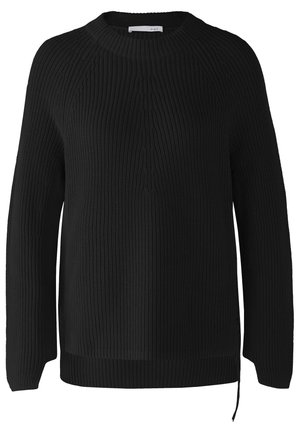 Schwarzer Strickpullover mit gerippter Textur, Rundhalsausschnitt und langen Ärmeln. Besitzt Seitenöffnungen und ein dezentes Zopfmuster auf der Vorderseite.