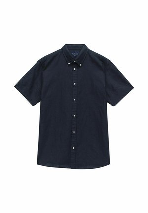 Lyhythihainen, tummansininen nappipaita, joka on valmistettu sileästä kankaasta. Paidassa on kaulus ja valkoiset napit etuhalkiolla.