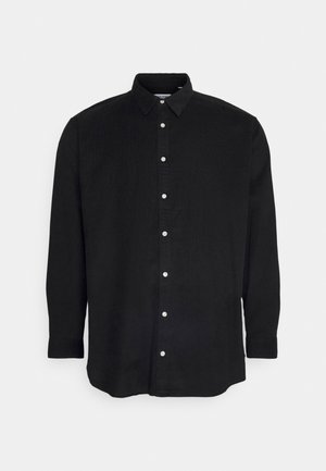 Schwarzes Langarm-Hemd mit Knöpfen, Kragen und weißen Knöpfen, vor einem schlichten hellen Hintergrund präsentiert.