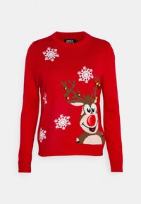 Maglione rosso lavorato a maglia con design di renna con un grande naso, adornato con fiocchi di neve e campanellini dorati sulle corna.