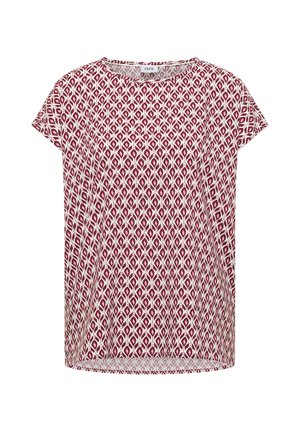 Bluzka z krótkim rękawem i zaokrąglonym dekoltem, różowy i biały geometryczny wzór diamentowy oraz luźny krój.