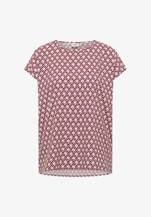 Blouse à manches courtes avec encolure arrondie, motif géométrique losangé rose et blanc, coupe décontractée.