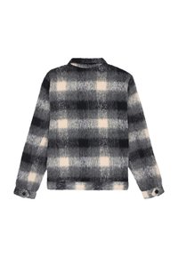 Grauer und cremefarbener kariert gestrickter Wollpullover mit Kragen und langen Ärmeln, die mit Knopfmanschetten versehen sind, sowie einer insgesamt weichen Textur.