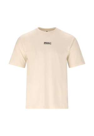 Beige T-shirt med korte ærmer, rund hals og lille sort "Whistler"-logo centreret på brystet.