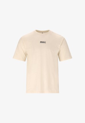 Beige T-shirt med korte ærmer, rund hals og lille sort "Whistler"-logo centreret på brystet.