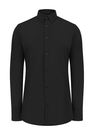 Czarna koszula z długim rękawem i kołnierzykiem zapinanym na guziki. Charakteryzuje się gładką fakturą i sześcioma guzikami z przodu do zapięcia, dopasowany krój.