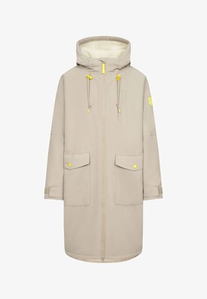 Beige waterproof coat with a hood, front zipper, yellow accents, two outer pockets, and soft textured lining.