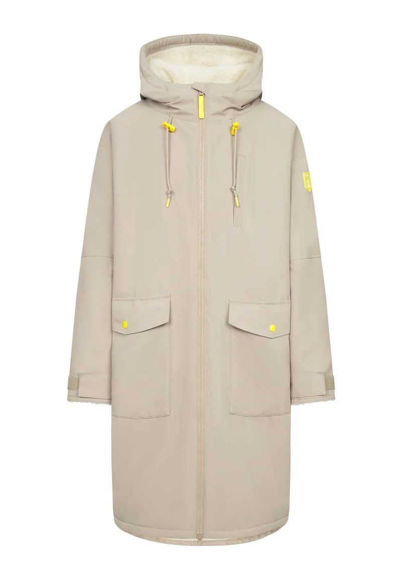 Manteau imperméable beige avec une capuche, fermeture éclair à l'avant, accents jaunes, deux poches extérieures et doublure douce au toucher.