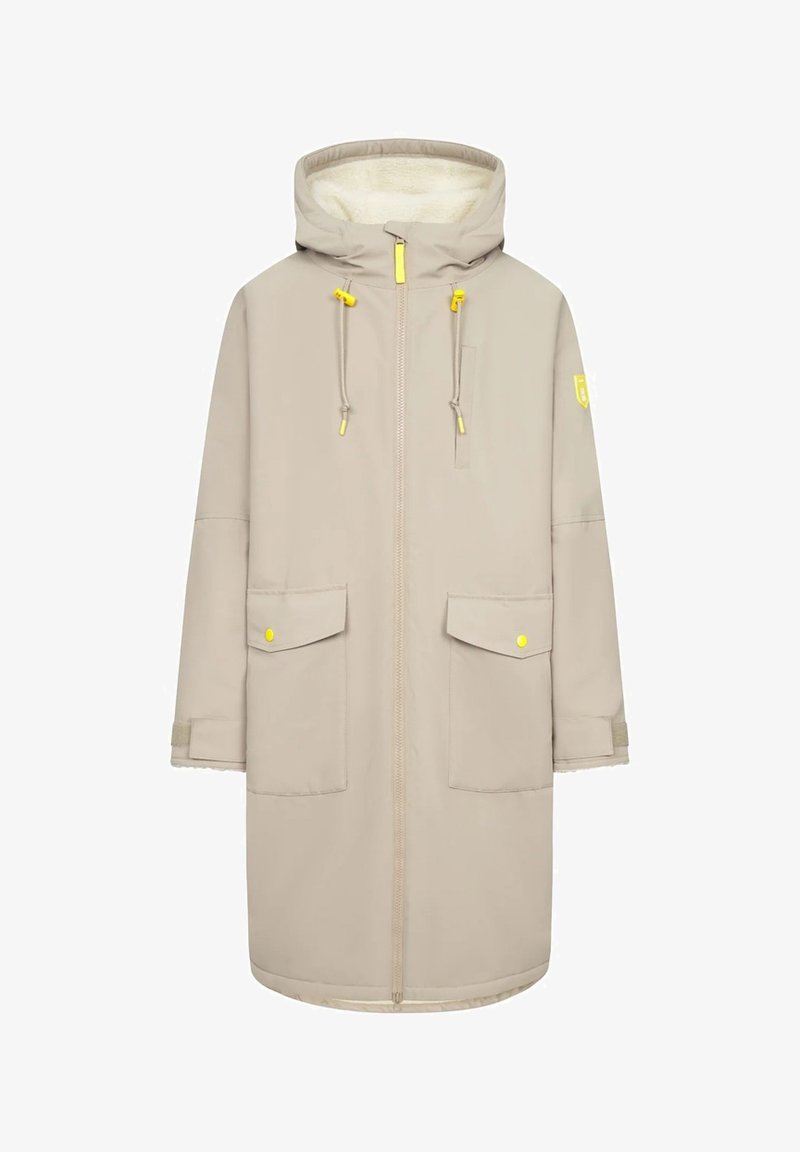 Beige waterproof coat with a hood, front zipper, yellow accents, two outer pockets, and soft textured lining.