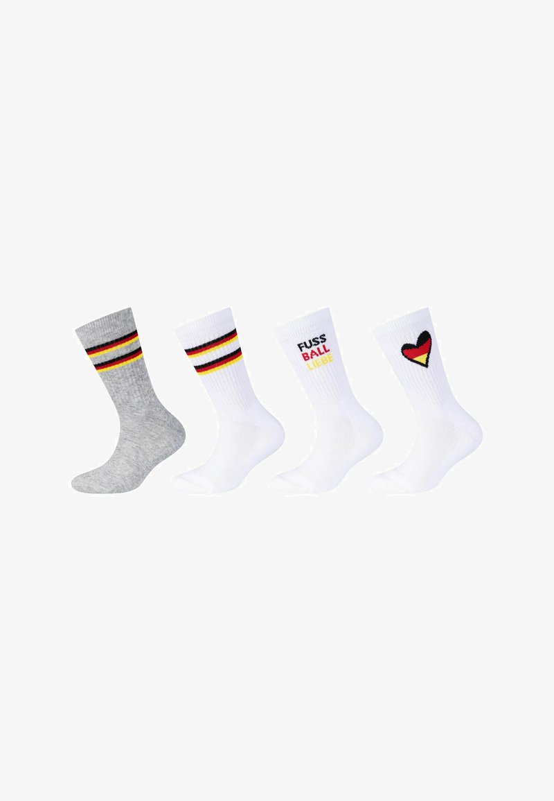 Vier Sportsocken, eine graue mit schwarzen, roten und gelben Streifen; drei weiße, eine mit Streifen, eine mit der Aufschrift "Fußball Liebe", eine mit einem Herz in den Farben der deutschen Flagge.