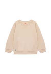Sudadera de color beige claro con escote redondo, mangas raglán, puños y dobladillo de canalé, que cuenta con un pequeño parche de logo en la parte inferior izquierda.