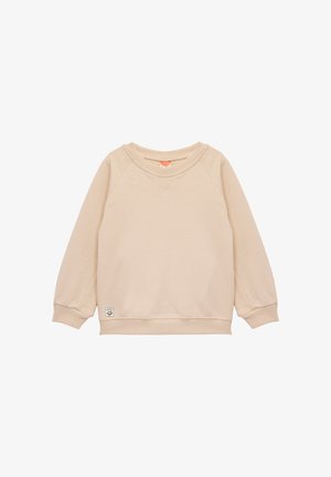 Light beige sweatshirt with a round neckline, raglan sleeves, ribbed cuffs, and hem, featuring a small logo patch at the bottom left.