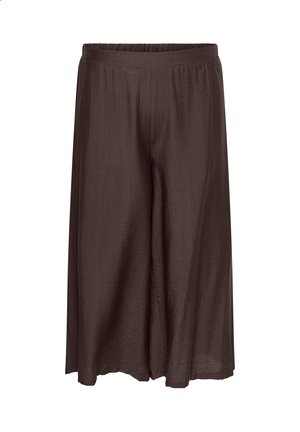 Pantalon marron ample, jambes larges et longueur courte, taille élastique, en tissu léger texturé.