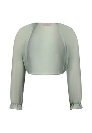 Prześwitująca, szałwiowo-zielona, długa bolerko z elastycznymi, falbankowymi mankietami i otwartym przodem, o skróconej długości, z różową metką na wewnętrznej stronie kołnierza.