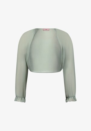 Transparante saliegroene bolero met lange mouwen, elastische gerimpelde manchetten en een open voorkant, cropped lengte, roze binnenlabel in de nek.