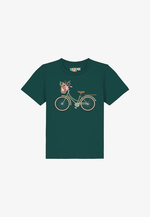 Teal t-shirt met een fietsafbeelding met een mand vol bloemen. De fiets is lichtgroen met bruine accenten en een gedetailleerd bloemdesign.