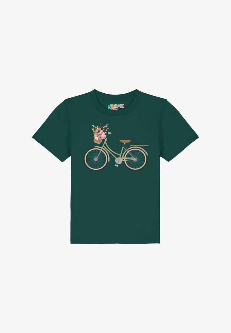 T-shirt teal avec un motif de bicyclette portant un panier de fleurs. La bicyclette est vert clair avec des accents bruns et un design floral détaillé.