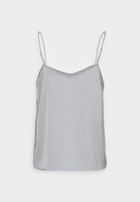 Camisole en satin gris avec des fines bretelles, présentant un décolleté en V et une texture lisse, conçu pour un ajustement épuré.
