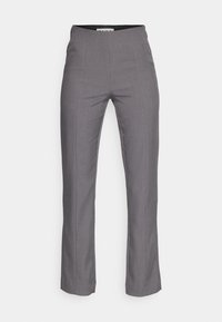 Szare, dopasowane spodnie o prostych nogawkach, wysokim stanie i subtelnej teksturze. Charakteryzują się czystymi liniami i brakiem widocznych dodatkowych elementów czy ozdób.