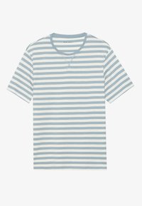 Gestreiftes T-Shirt in Hellblau und Weiß, aus Baumwolle gefertigt, mit Rundhalsausschnitt und kurzen Ärmeln in regulärer Passform.
